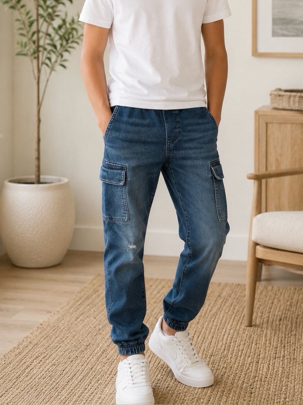 Tommy Hilfiger Boys Denim Cargo Jogger Jeans Blue Elastic Waist Size M 10 12